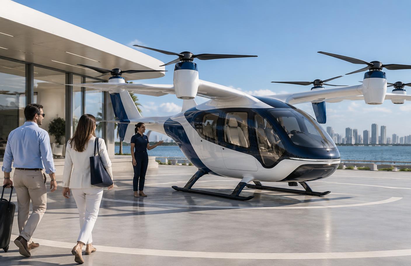 Passengers approaching a future electric aircraft at a coastal station